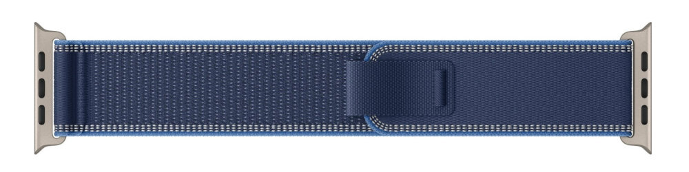 Pasek Apple Trail wykorzystaniem trwałych i przyjaznych środowisku materiałów tytanu pochodzącego w 90% z recyklingu taśma zawiera 100% recyklingowanego poliestru i elastanu oraz 60% recyklingowanego nylonu - pasek na białym tle na płasko