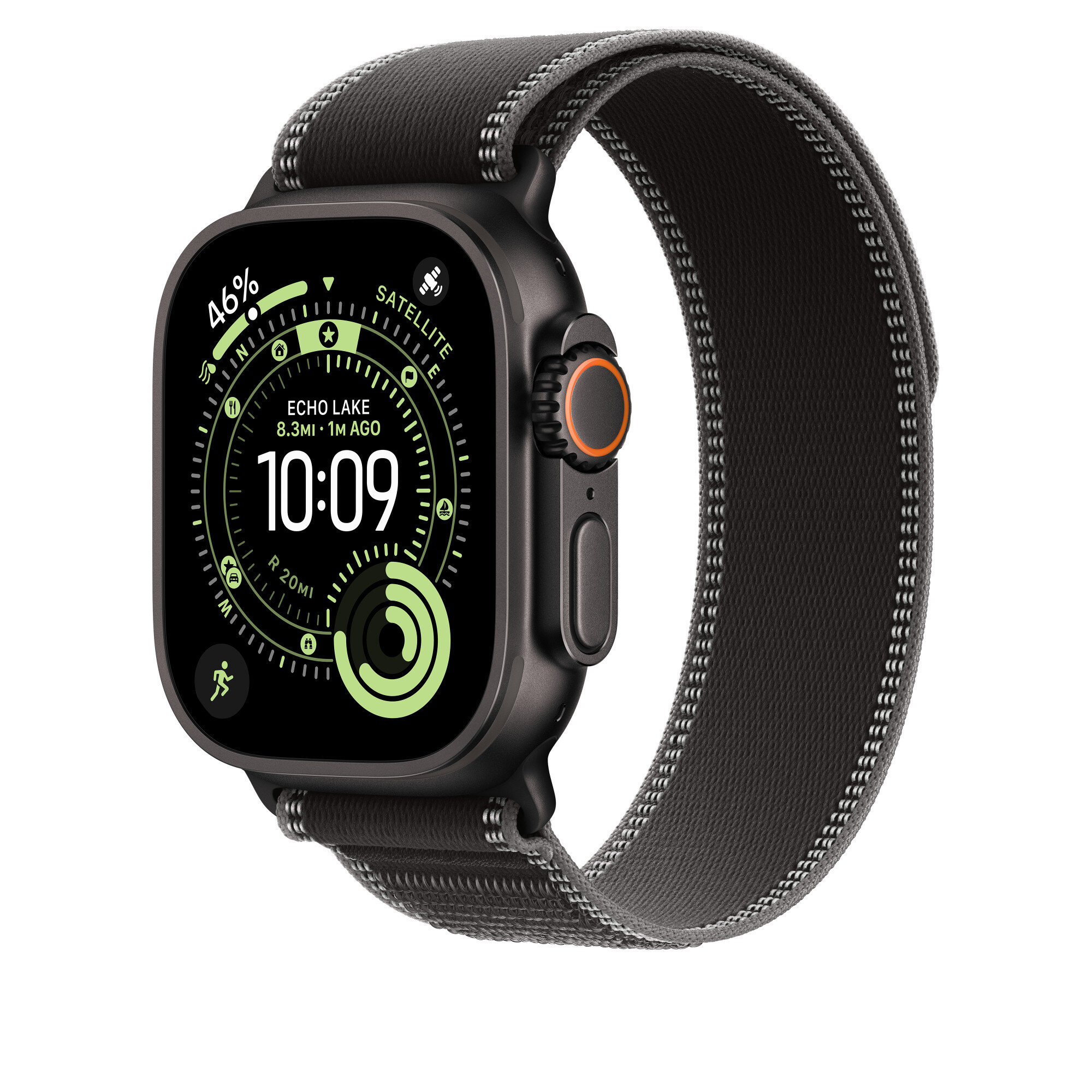 Smartwatch z czarno-grafitowym paskiem, wyświetlający tarczę z czasem 10:09 i poziomem naładowania baterii 46%.