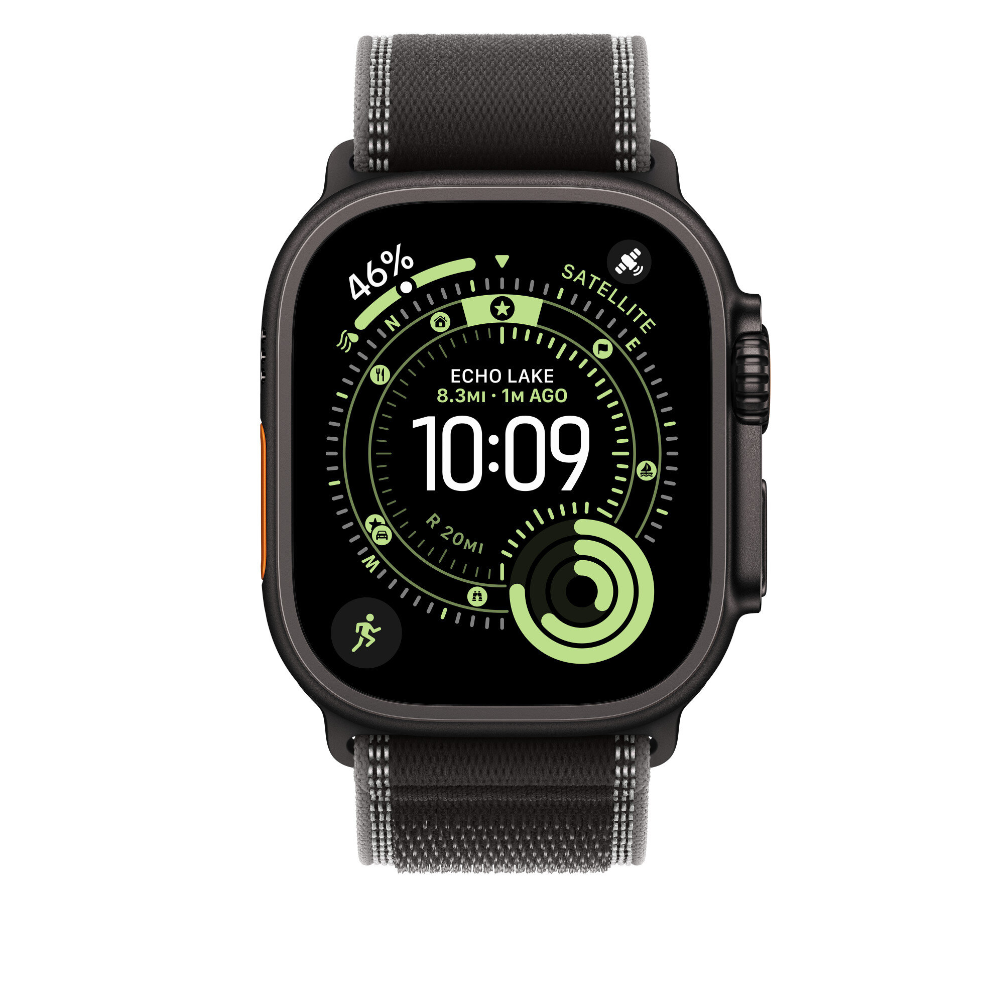 Smartwatch z czarno-grafitowym paskiem, wyświetlający godzinę 10:09 oraz informacje o lokalizacji \'ECHO LAKE 8.3M - 1M AGO\'. Na ekranie widoczny jest wskaźnik naładowania baterii na poziomie 46% oraz ikony funkcji satelitarnej i aktywności fizycznej.