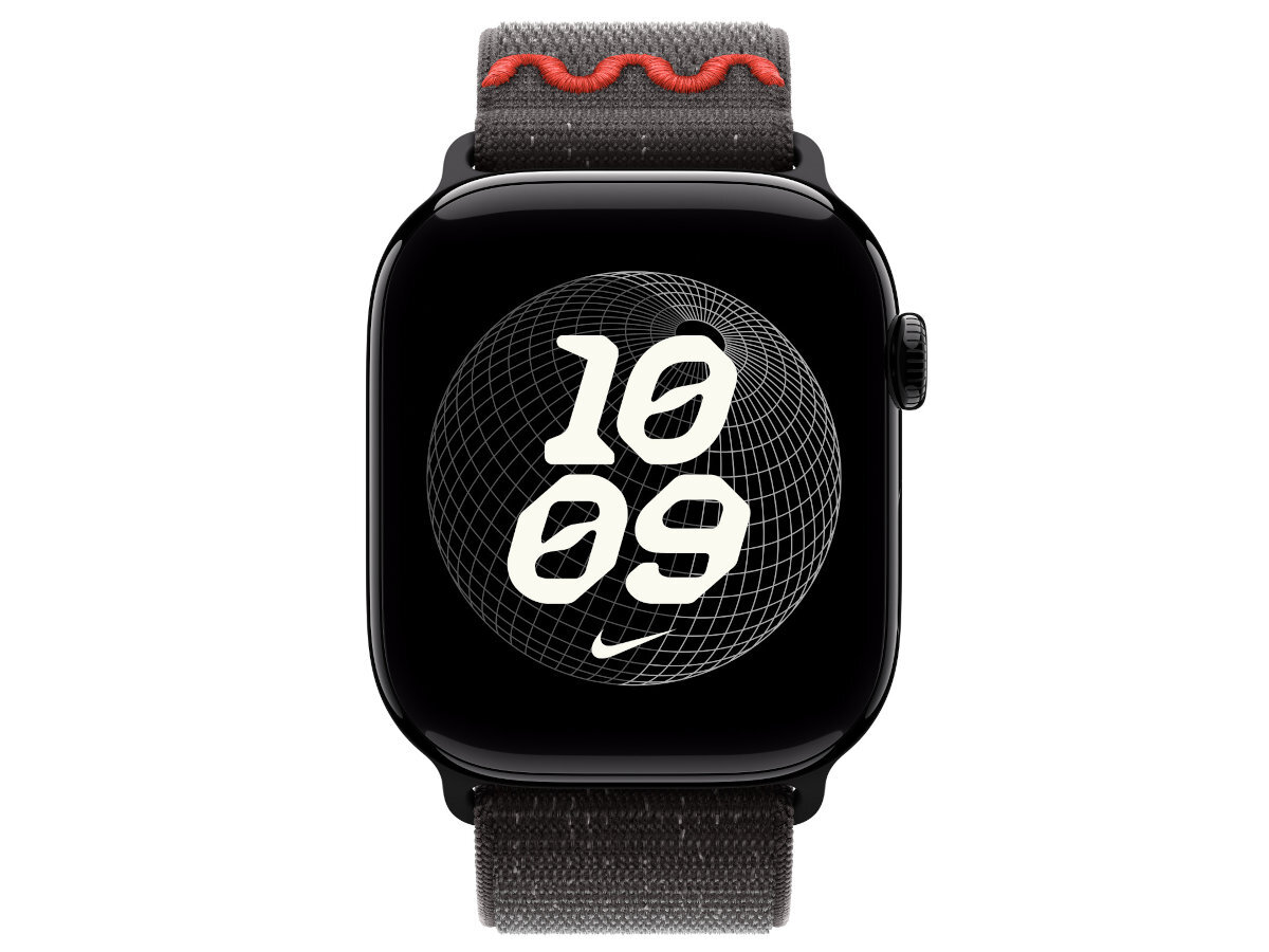 Pasek Apple Watch Nike Sport Loop Nike Sport Loop zapięcie na rzep plecione zapięcie na zakładkę z logo Nike Run Swoosh precyzyjną regulację elastyczna i stabilna odblaskowej nici 0 zegarek z paskiem od przodu na białym tle