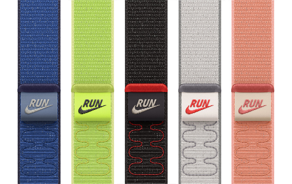 Pasek Apple Watch Nike Sport Loop Nike Sport Loop pięciu kolorach: czarnym, szarym, niebieskim, różowym i zielonym - pasek w pięciu kolorach na płasko na białym tle