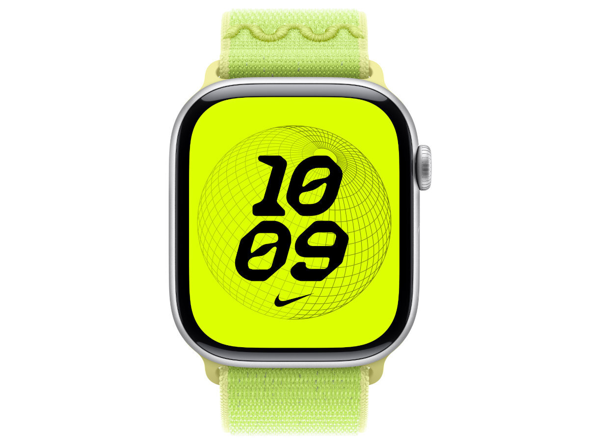 Pasek Apple Watch Nike Sport Loop Nike Sport Loop zapięcie na rzep plecione zapięcie na zakładkę z logo Nike Run Swoosh precyzyjną regulację elastyczna i stabilna odblaskowej nici 0 zegarek z paskiem od przodu na białym tle