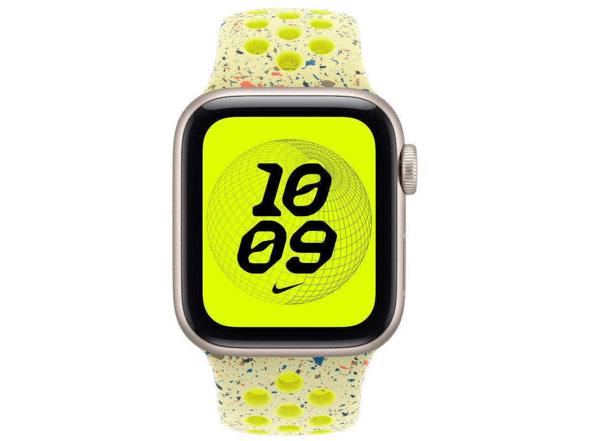 Pasek do Apple Watch Nike Sport Band Sportowy pasek Nike wytrzymałość, elastyczność i miękkość Perforowana powierzchnia cyrkulację powietrza kolorowymi akcentami Gładki materiał - pasek na zegarku widok od przodu