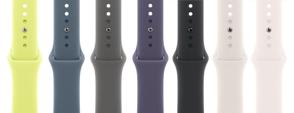 Pasek sportowy do Apple Watch siedmiu atrakcyjnych kolorach: neonowy żółty, marynarski granat, mleczny fiolet, księżycowa poświata, czarny, górska szarość łagodny róż - wersje kolorystyczne pasków