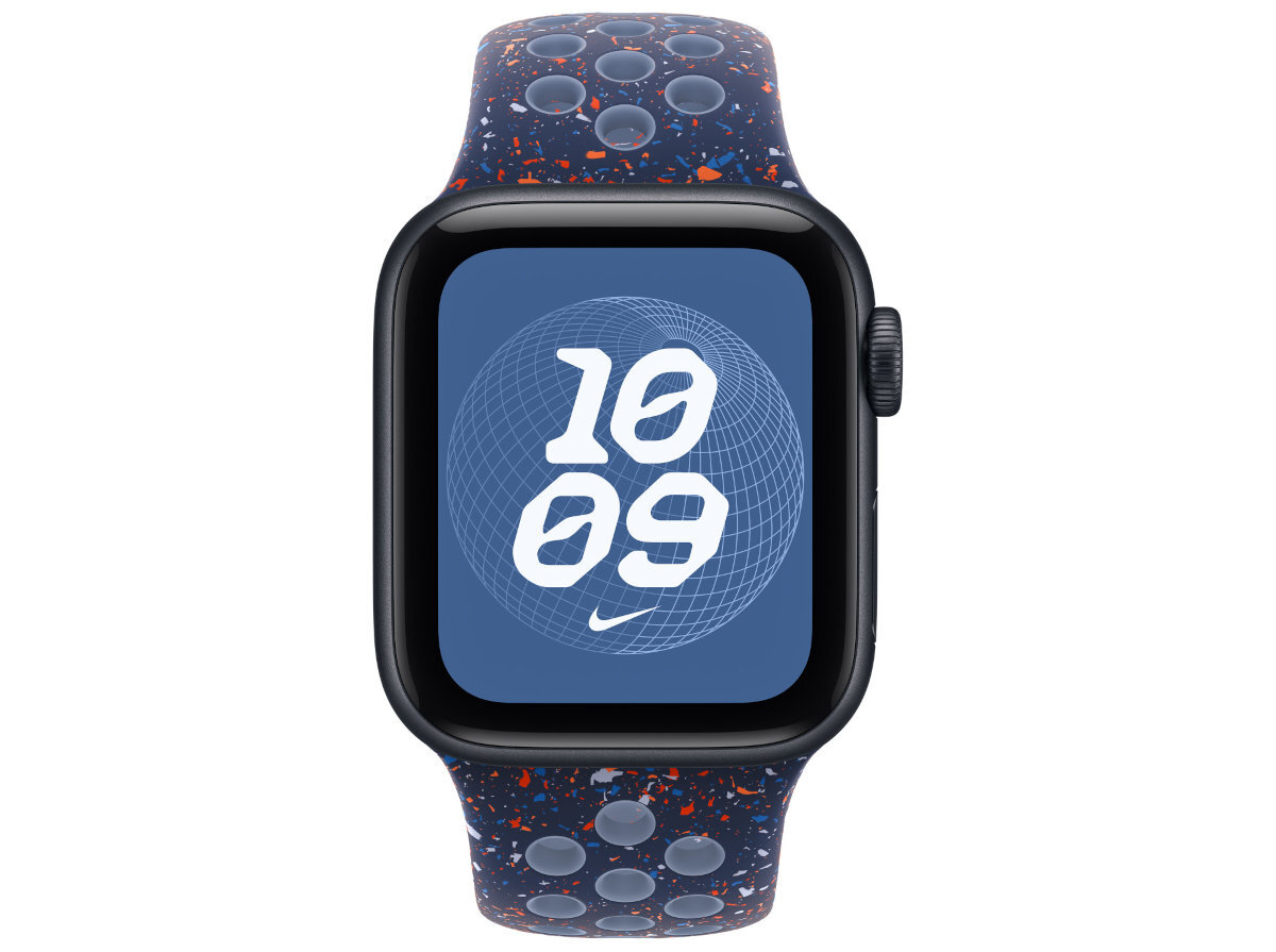Pasek do Apple Watch Nike Sport Band Sportowy pasek Nike wytrzymałość, elastyczność i miękkość Perforowana powierzchnia cyrkulację powietrza kolorowymi akcentami Gładki materiał - pasek na zegarku widok od przodu