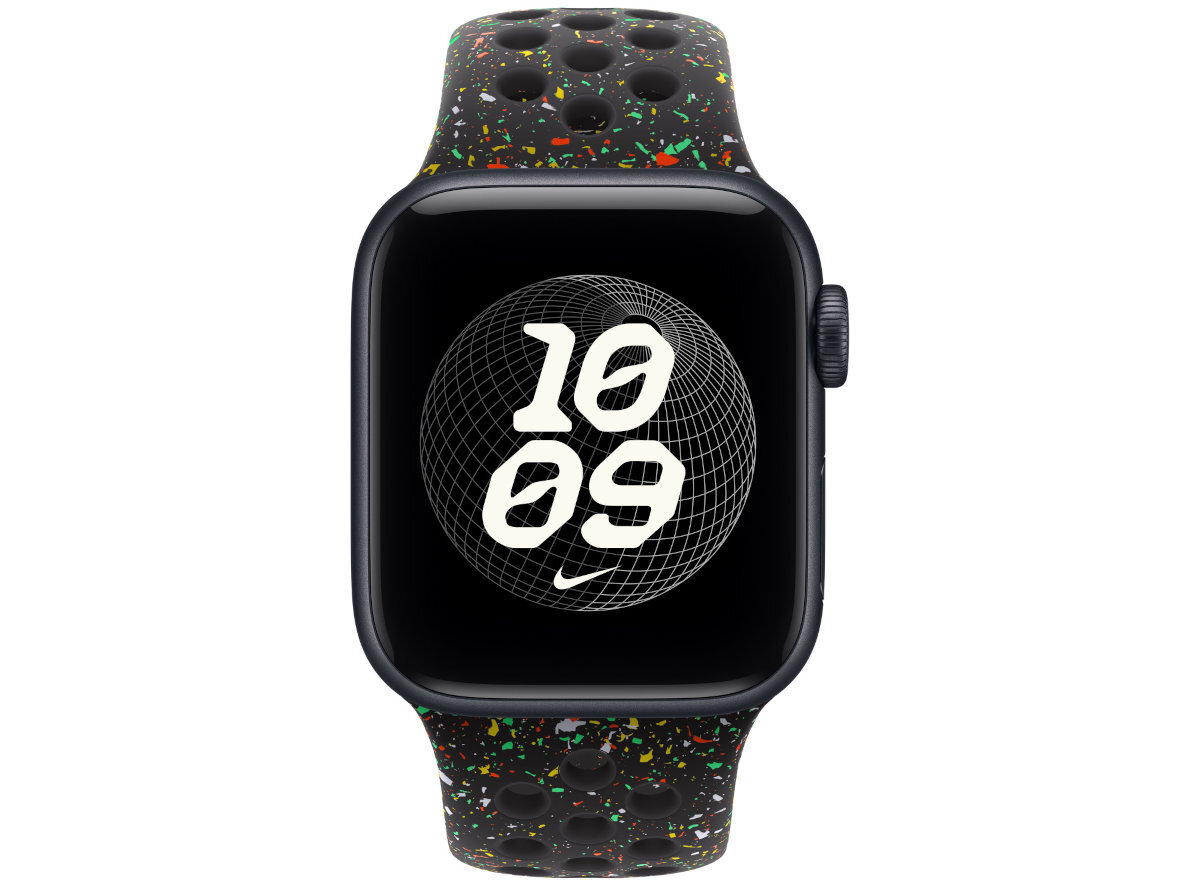Pasek do Apple Watch Nike Sport Band Sportowy pasek Nike wytrzymałość, elastyczność i miękkość Perforowana powierzchnia cyrkulację powietrza kolorowymi akcentami Gładki materiał - pasek na zegarku widok od przodu