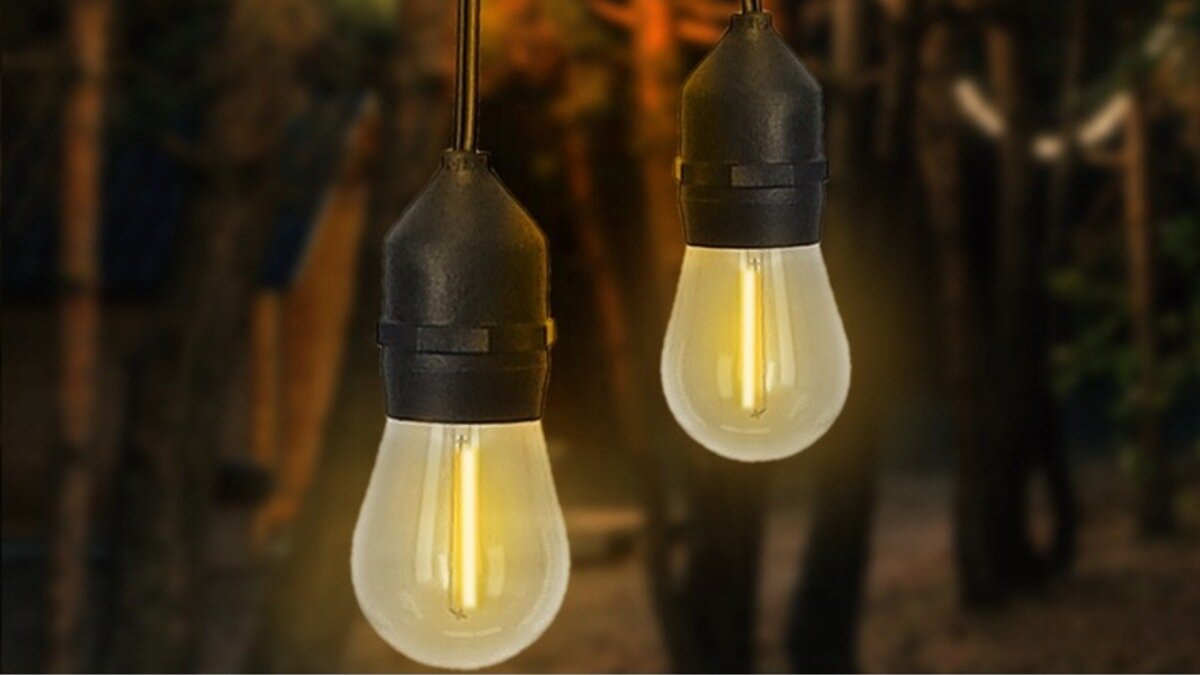 Girlanda ogrodowa EXTRALINK Filame EX.25074, lampki, ogród, 2 lampki wiszą i świecą w tle ogrodu