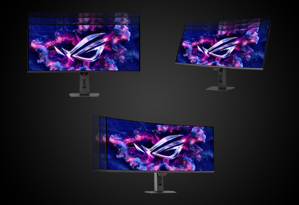 Trzy zakrzywione monitory z wyświetlonym logo ROG na tle kolorowych wzorów. Monitory są ustawione na ciemnym tle.
