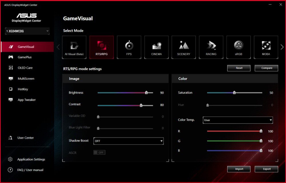 Interfejs ASUS DisplayWidget Center z wybranym trybem \'RTS/RPG\' i ustawieniami obrazu oraz koloru. Widoczne suwaki do regulacji jasności, kontrastu, nasycenia i temperatury kolorów.