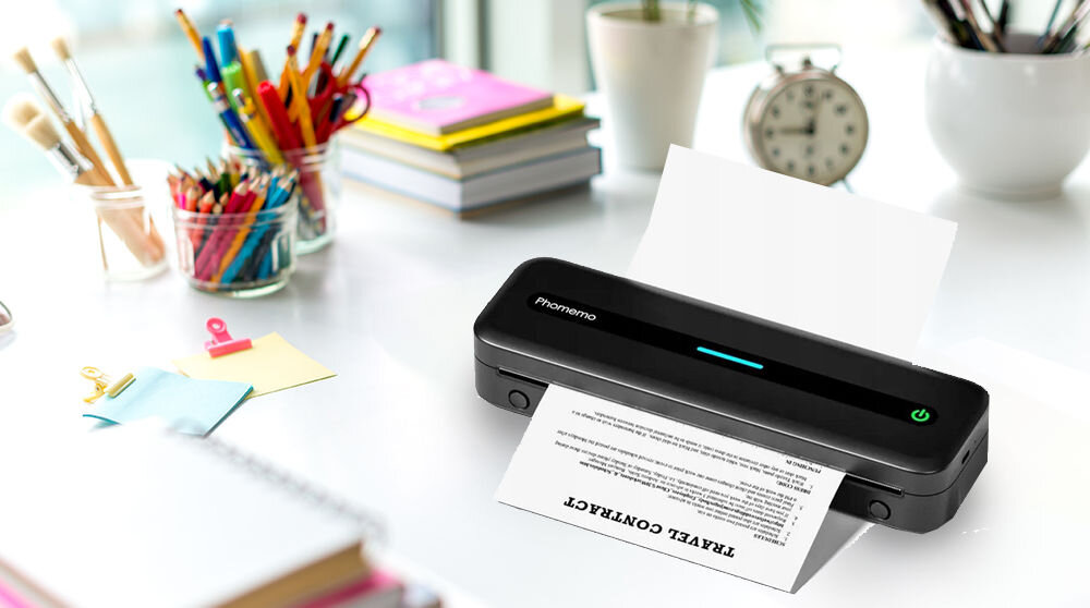 Drukarka PHOMEMO M832 Złącze USB czarny drukuj, gdzie chcesz produkt na blacie, pędzle, kredki, ołówki, ksiązki, zega