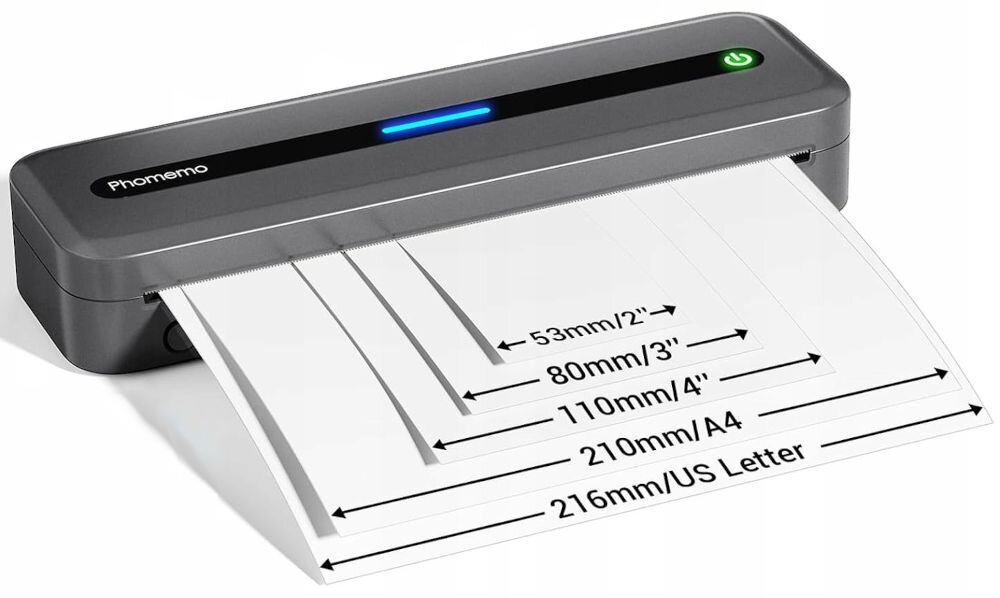 Drukarka PHOMEMO M832 Złącze USB czarny z myślą o mobilności, kompaktowe wymiary ok. 26,5 x7,5 x 3,5 cm, waga ok. 700 g, waga całkowita akumulatorem i papierem ok. 815 g