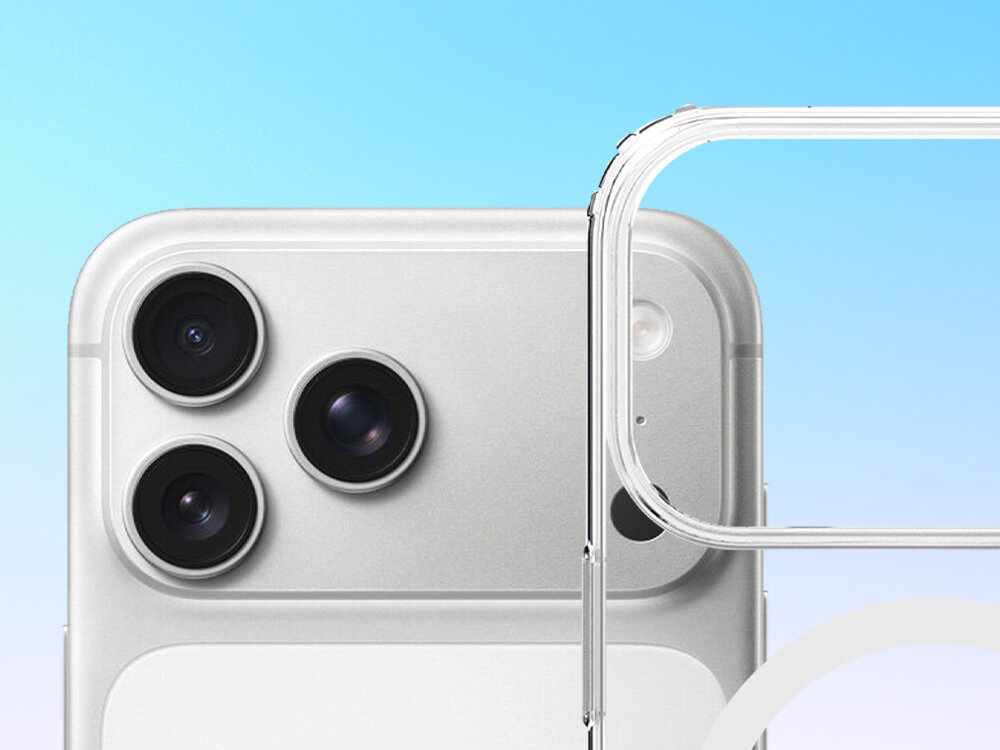 Etui 3MK Hardy LiqForce MagCase do Apple iPhone 17 Pro Przezroczysty, na niebieskim tle smartfon apple frontem w połowie od góry oraz na przodzie przeźroczyste etui do niego