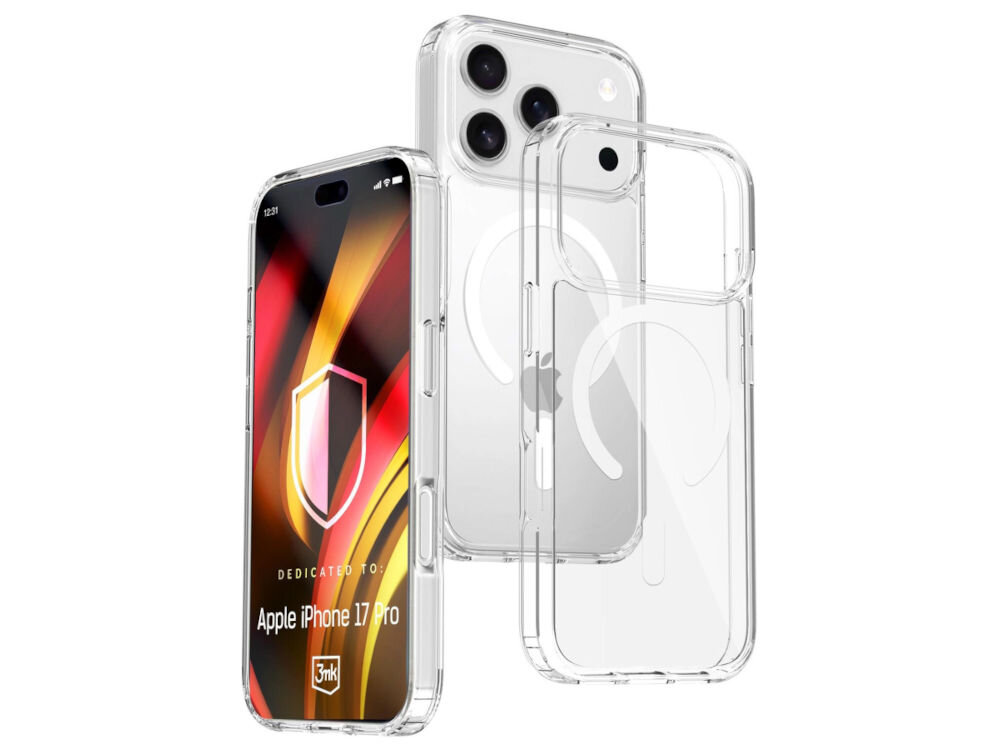 Etui 3MK Hardy LiqForce MagCase do Apple iPhone 17 Pro Przezroczysty, rezygnować, odporne, zaprojektowane, funkcje, bezproblemowo, na białym tle etui smartfon apple od przodu i tyłu, wszystkie frontem prawo i lewo skos