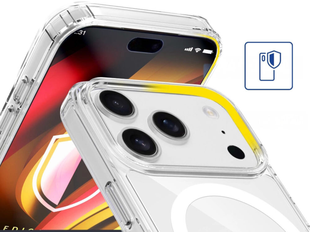 Etui 3MK Hardy LiqForce MagCase do Apple iPhone 17 Pro Przezroczysty, podwyższone, krawędzie, ekranu, chroniące, na białym tle logotyp ochrony smartfona oraz ze skosa etui nałożone na smartony