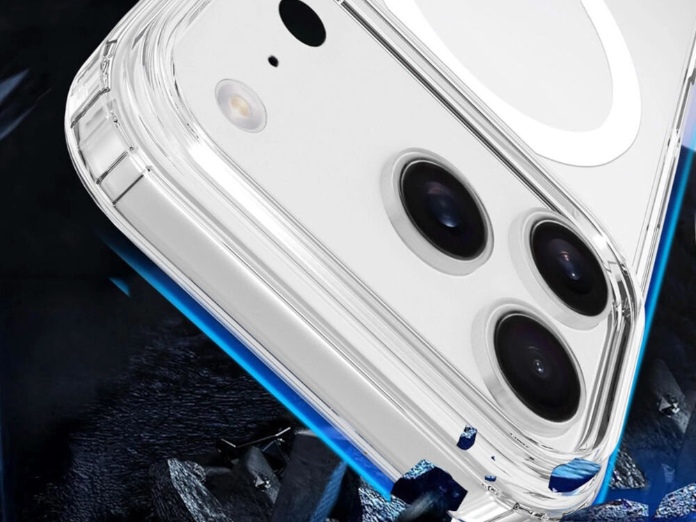 Etui 3MK Hardy LiqForce MagCase do Apple iPhone 17 Pro Przezroczysty, trwałość, odporne, poliuretanu, poliwęglan, materiał, na czarnym tle wizualizacja uderzenia o szkło etui nałożonym na smartfona