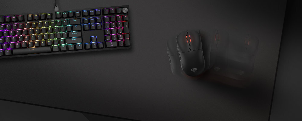 GENESIS Carbon 500 Hyper Logo materiałowa podkładka powierzchnia typu speed duży format uniwersalny wygląd - mysz i klawiatura położone na podkładce, pokazany dynamiczny ruch myszki