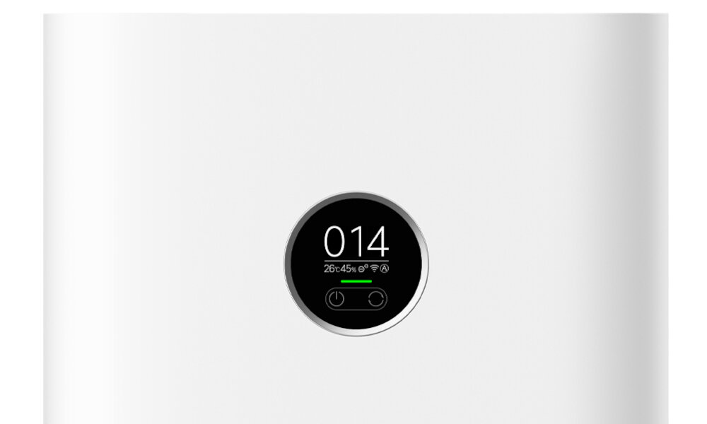 Biały oczyszczacz powietrza z okrągłym wyświetlaczem pokazującym wartość \'014\' oraz ikony dotyczące temperatury, wilgotności i połączenia Wi-Fi.