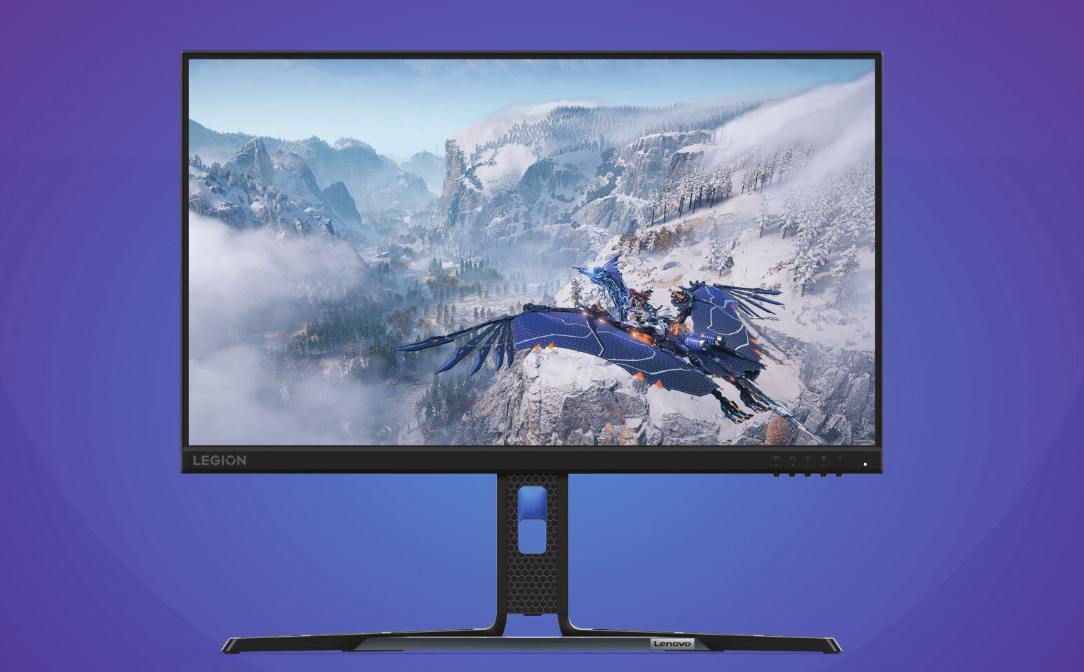 Monitor LENOVO Legion R24e Monitor gamingowy na fioletowym tle. Na ekranie wyświetlany jest kadr z gry przedstawiający futurystycznego smoka lecącego nad ośnieżonymi górami, opis