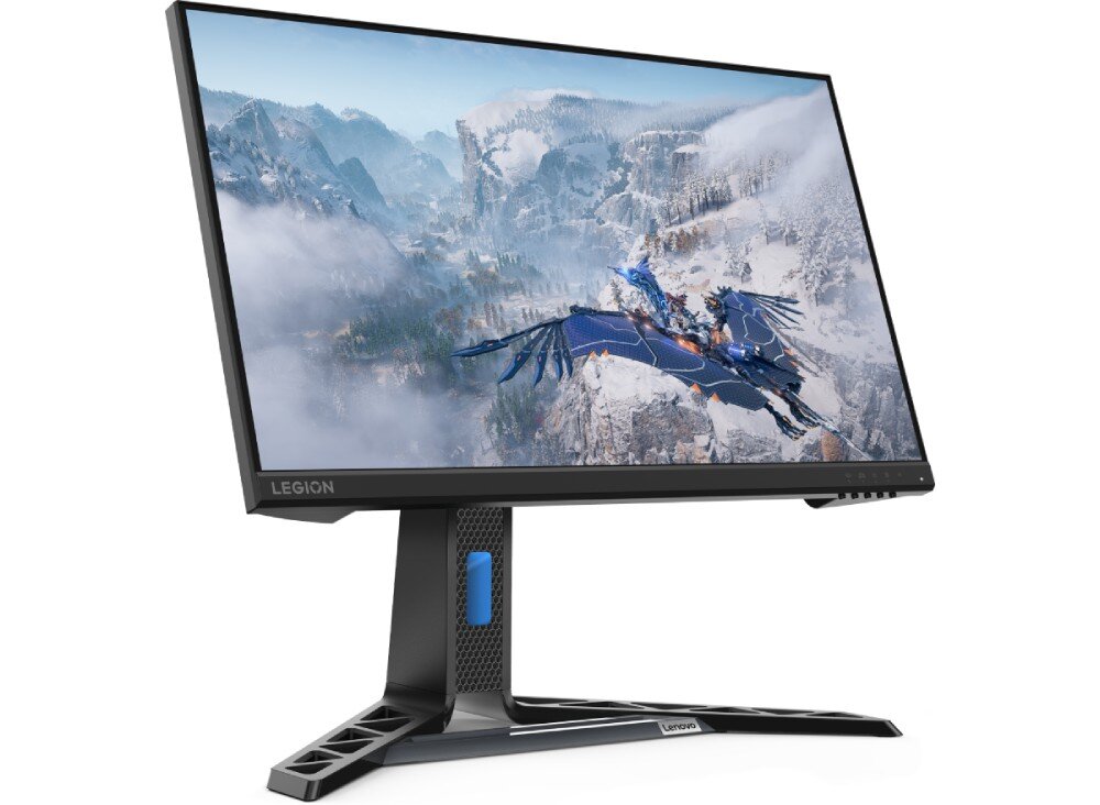 Monitor LENOVO Legion R24e Monitor uchwycony pod lekkim kątem. Ekran wyświetla ten sam obraz z gry, a jego matowa powierzchnia minimalizuje odbicia, czas reakcji, odświeżanie, płynność, przeznaczenie