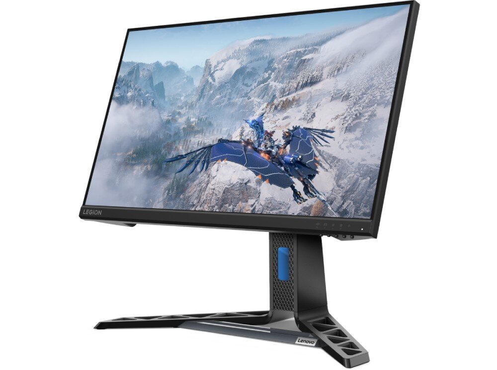 Monitor LENOVO Legion R24e Widok monitora pod innym kątem. Można dostrzec regulowaną podstawę z otworem wentylacyjnym w strukturze plastra miodu. Przyciski sterowania znajdują się w prawym dolnym rogu ramki, ekran rozdzielczość, kolory sRGB, kontrast, FreeSync
