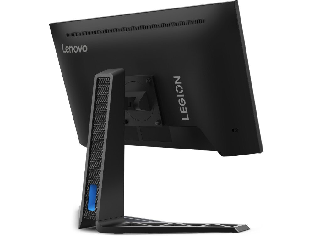 Monitor LENOVO Legion R24e Tylna część monitora widoczna pod kątem. Konstrukcja podstawy zawiera sześciokątny wzór oraz niebieski akcent. Po lewej stronie widać zabezpieczenie Kensington Lock, porty, gniazda, podłączenie