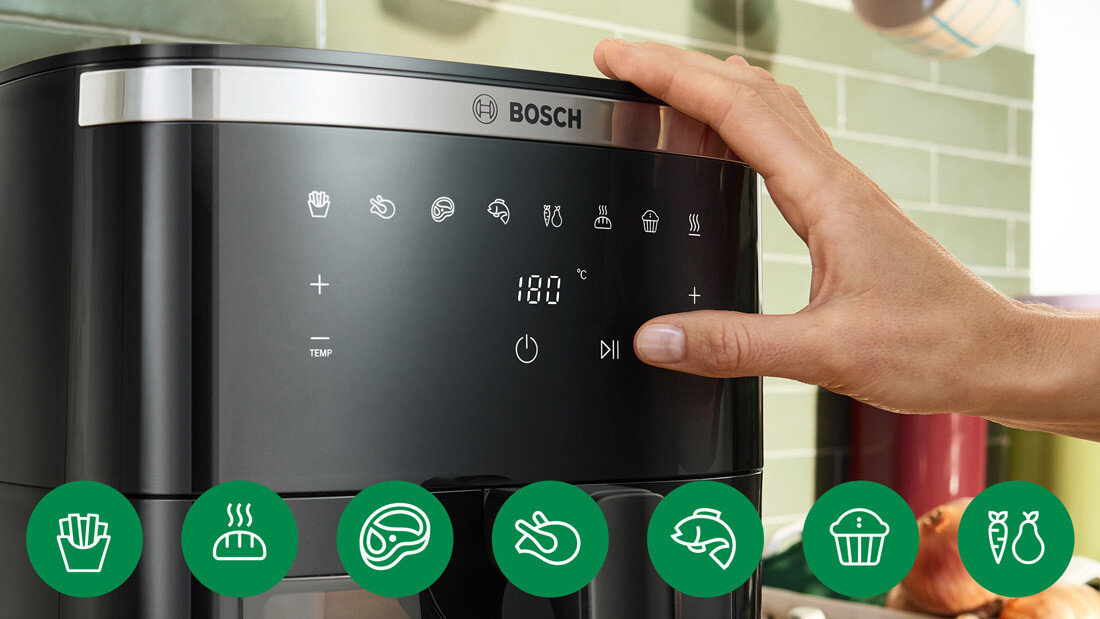 Air Fryer Frytkownica beztłuszczowa BOSCH Serie 6 MAF671B1 7.2l z 7 automatycznymi programami i okienkiem do podgląd potrawy 7 programów automatycznych intuicyjny panel sterowania parametry preserencje gotowanie efekty