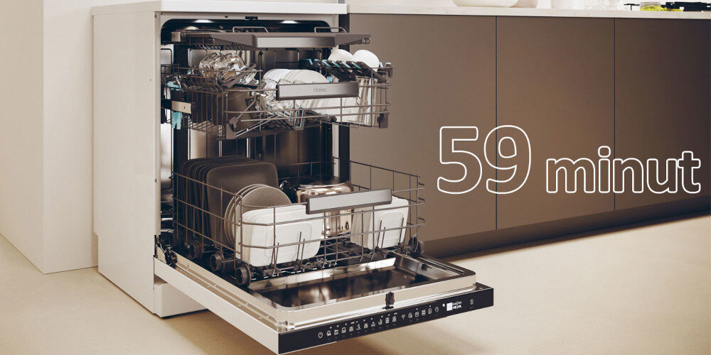 ZMYWARKA HAIER I-PRO SHINE 5 XF 6B2M3PW AI SMART zdjęcie lifestyle  zdjęcie lifestyle otwarta naczynia załadunek szklanki talerze tekst 59 minut czyste suche program godzina 59 minut szybkie mycie skrócony czas