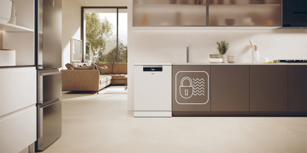 ZMYWARKA HAIER I-PRO SHINE 5 XF 6B2M3PW AI SMART zdjęcie lifestyle front ikona grafika kłódka zamknięta kuchnia zabudowa System Total Water Block Total Water Block blokada ochrona przed zalaniem niezawodność bezpieczeństwo użytkowanie AquaStop