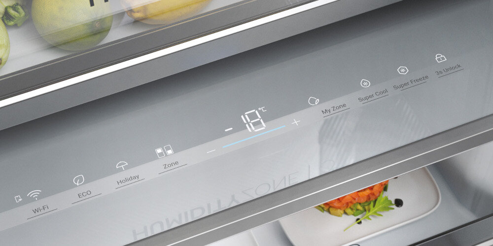 LODÓWKA HAIER HBW7519DT wyświetlacz półka szuflada panel cyfry regulacja latwe intuicyjnie zarządzanie tryb eco wakacyjny szybkie chłodzenie mrożenie