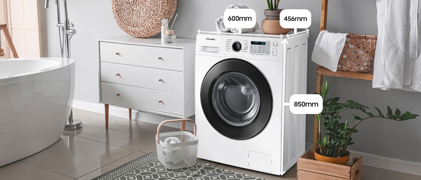 Wysokość, szerokość i głębokość pralki Samsung WW8NK52E3PW z oferty Media Expert Wysokość, szerokość i głębokość pralki Samsung WW8NK52E3PW z oferty Media Expert