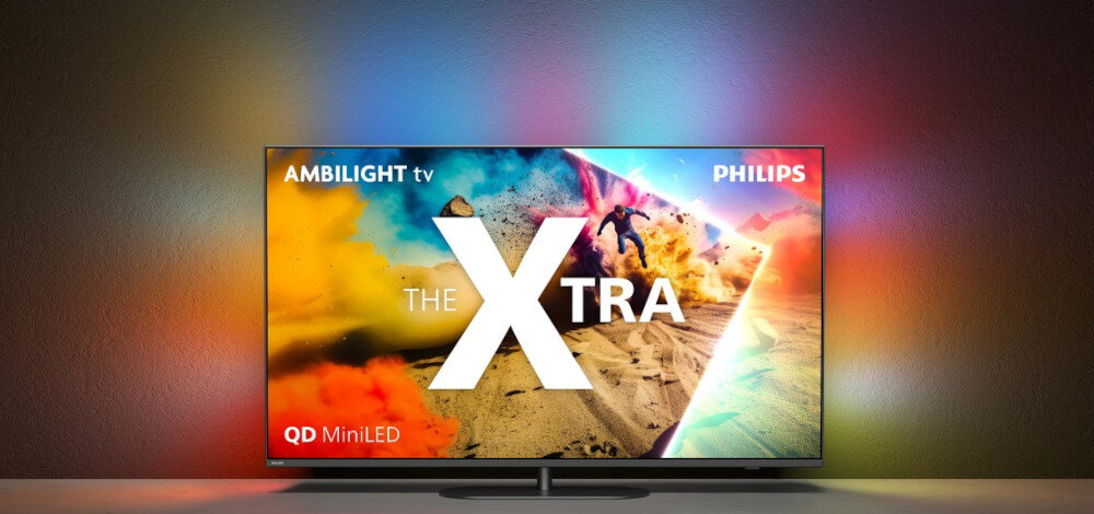 Telewizor PHILIPS 75MLED950 design bezramkowy Ambilight FSC, telewizor stojący na blacie