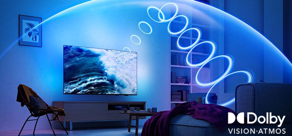 Telewizor PHILIPS 75MLED950 Dolby Vision HDR kinowe wrażenia, telewizor zawieszony na ścianie otoczony dźwiękiem