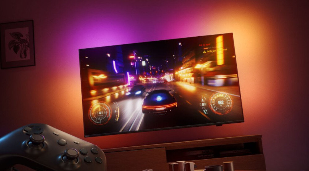 Telewizor PHILIPS 75MLED950 HDMI 2.1 VRR 144Hz gaming, telewizor zawieszony na ścianie w pomieszczeniu, kontroler