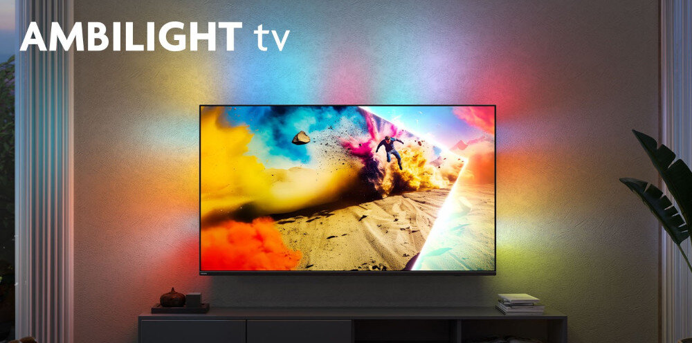 Telewizor PHILIPS 65MLED950 Ambilight Plus Quantum Dot MiniLED kinowy obraz, telewizor zawieszony na ścianie w pomieszczeniu