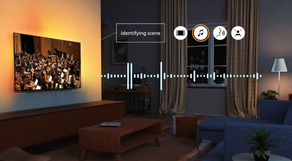 Telewizor PHILIPS 65MLED950 60W 4.1 boczne głośniki IntelliSound, telewizor zawieszony na ścianie w pomieszczeniu