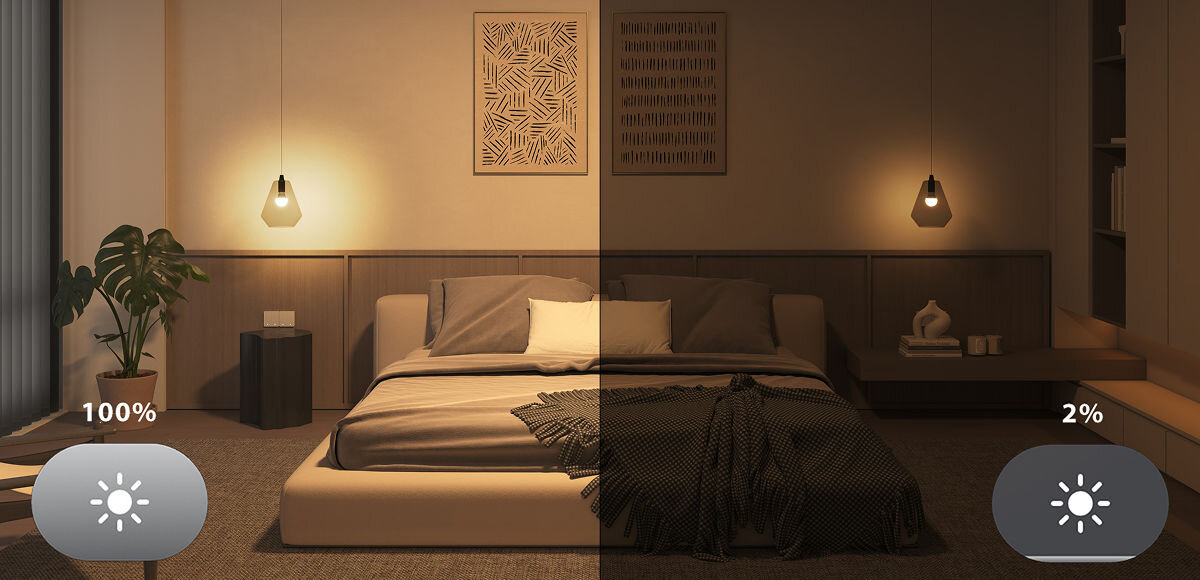 ŻARÓWKA E27 806LM A60 3SZT +BRIDGE PHILIPS HUE ESSENTIAL WHITE AND COLOR, 2%, jasności, sen, poziom, wizualizacja 2 odcieni zarówki w pokoju sypialnianym