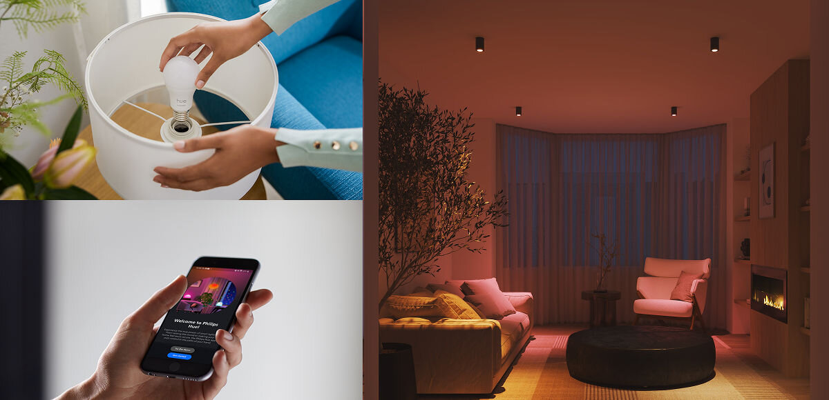 ŻARÓWKA E27 806LM A60 3SZT +BRIDGE PHILIPS HUE ESSENTIAL WHITE AND COLOR, aplikacja, komendy głosowe, akcesoria, mobilne, 3 zdjęcia w 1 pokazujące pokój w kolorach hue, wkręcanie żarówki do lampy oraz aplikację HUE na smartfonie