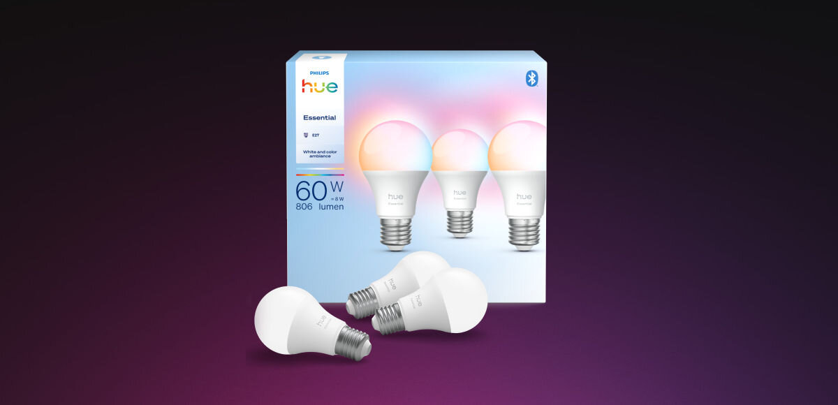 Inteligentna żarówka LED PHILIPS HUE 929004235407 E27 8 W (3 szt.), zestaw, opakowanie, zawartość, paczka, na czarno różowym tle opakowanie wraz z żarówkami