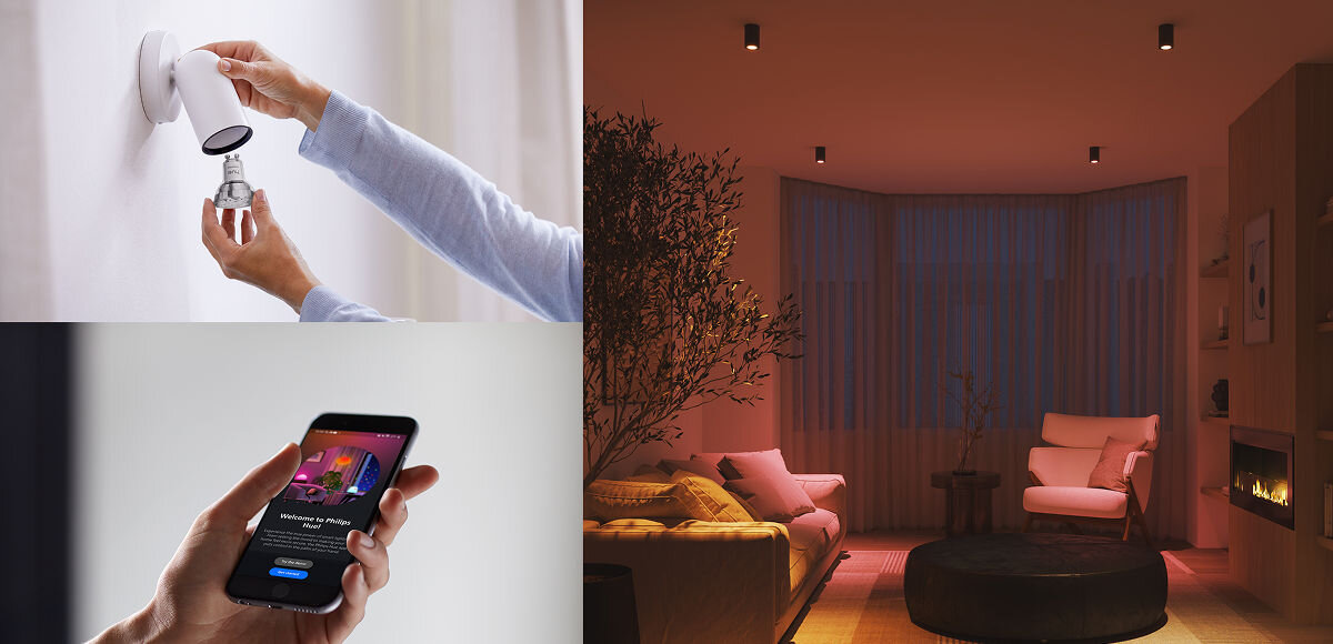 ŻARÓWKA GU10 345LM 1SZT PHILIPS HUE ESSENTIAL WHITE AND COLOR AMBIANCE , komendy, akcesoria, współpraca, hue bridge, 3 zdjęcia w 1 pokazujące instalacje żarówki, obsługe aplikacji hue na smartfonie i oświetlony pokój gościnny