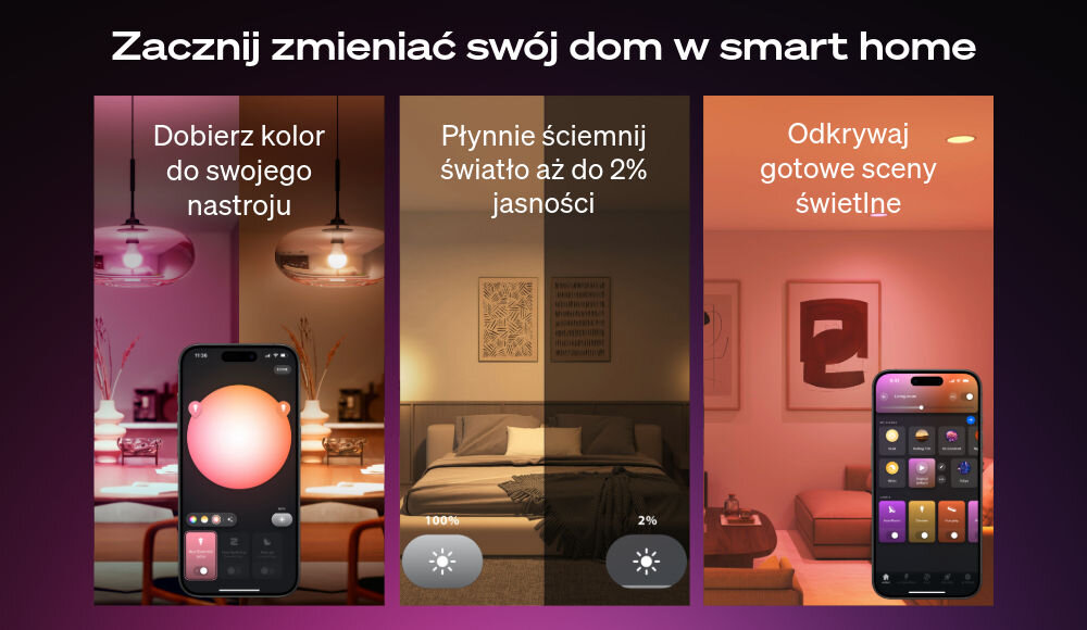ŻARÓWKA GU10 345LM 1SZT PHILIPS HUE ESSENTIAL WHITE AND COLOR AMBIANCE , inteligentnego, regulowane, barwy, płynne, na różowo ciemnym tle prezentacja wyboru kolorów na aplikacji hue Essential