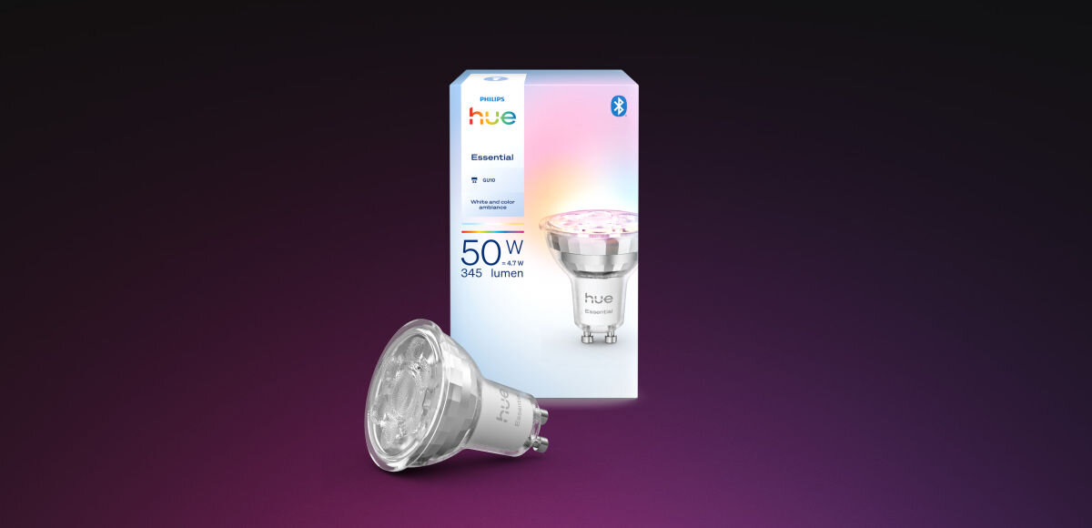 ŻARÓWKA GU10 345LM 1SZT PHILIPS HUE ESSENTIAL WHITE AND COLOR AMBIANCE , opakowanie, zestaw, zawartość, paczka, na zdjęciu opakowaie i zawartość opakowania żarówek