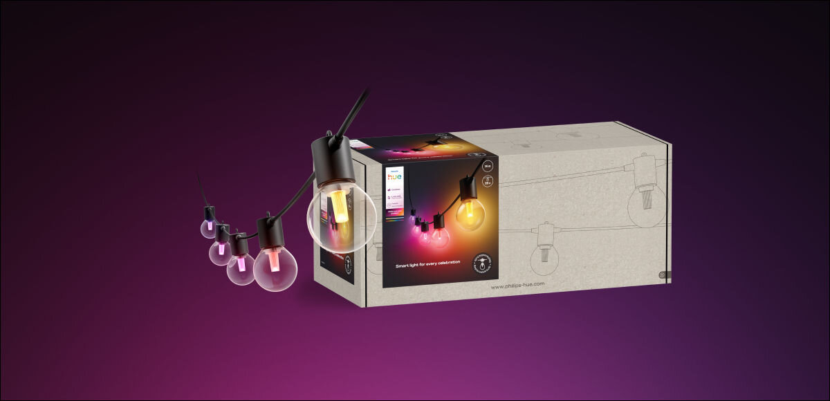 GIRLANDA OGRODOWA 14M 20 ŻARÓWEK EU PHILIPS HUE FESTAVIA, opakowanie, zestaw, zawartość, paczka, na zdjęciu opakowaie i zawartość opakowania girland