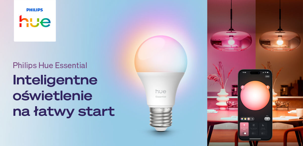 Inteligentna żarówka LED PHILIPS HUE 929004235707 GU10 4.7 W (3 szt.), światło, komfort, ciepło, relaks, z prawej strony 2 kolory żarówki w kuchni, obok żarówka wraz z opisem logotypem HUE