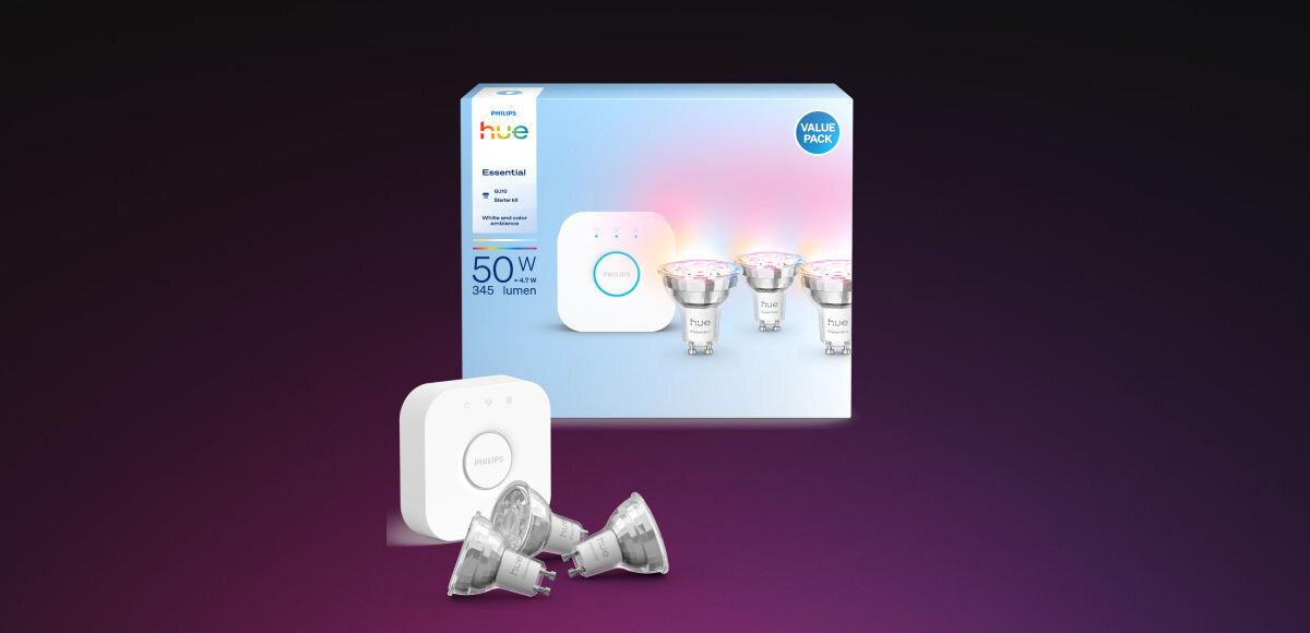 Inteligentna żarówka LED PHILIPS HUE 929004235707 GU10 4.7 W (3 szt.), zestaw, opakowanie, zawartość, paczka, na czarno różowym tle opakowanie wraz z żarówkami