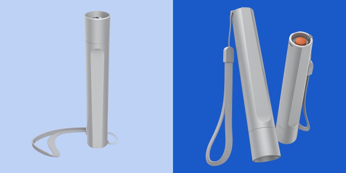 Latarka HAMA FL100 Srebrny, uniwersalność, oświetlenie, dom, awaryjność, Srebrna latarka z paskiem na niebieskim tle