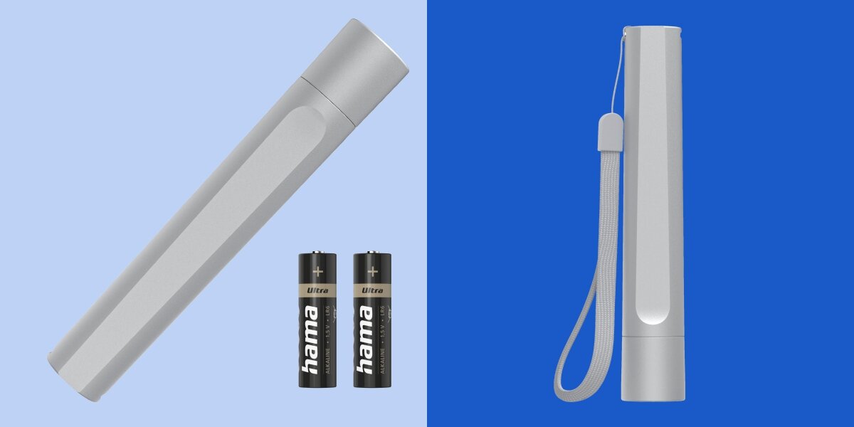 Latarka HAMA FL100 Srebrny, komfort, pasek, mobilność, stabilność, Srebrna latarka z bateriami i smyczą