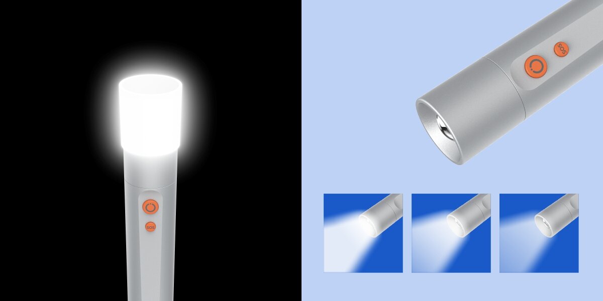 Latarka HAMA FL250 Srebrny, tryby, regulacja, energia, wygoda, latarka na czarnym i niebieskim tle pokazująca stopnie oświetlania i rozproszenia