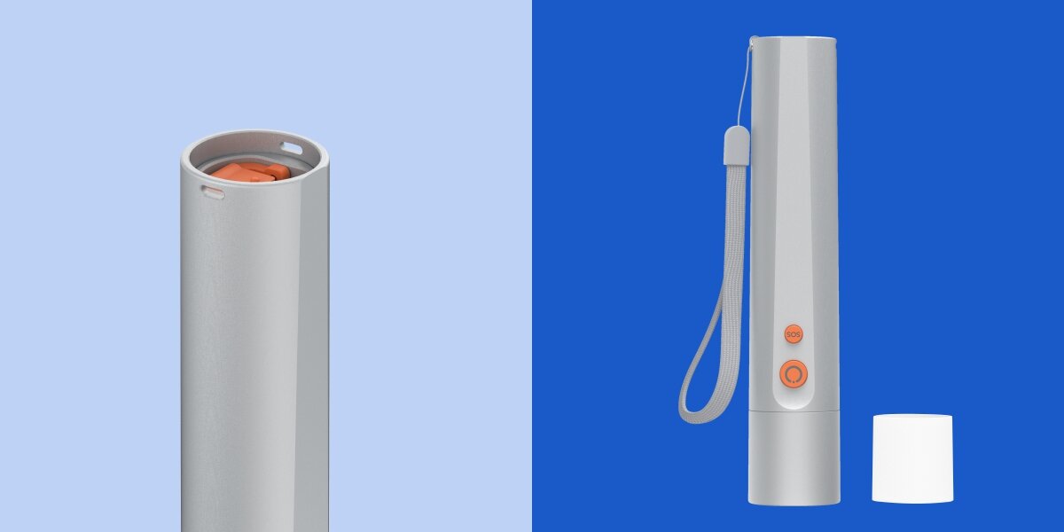 Latarka HAMA FL250 Srebrny, aluminium, pasek, SOS, trwałość, latarka na niebieskim i jasnoniebieskim tle pokazująca port ładowania