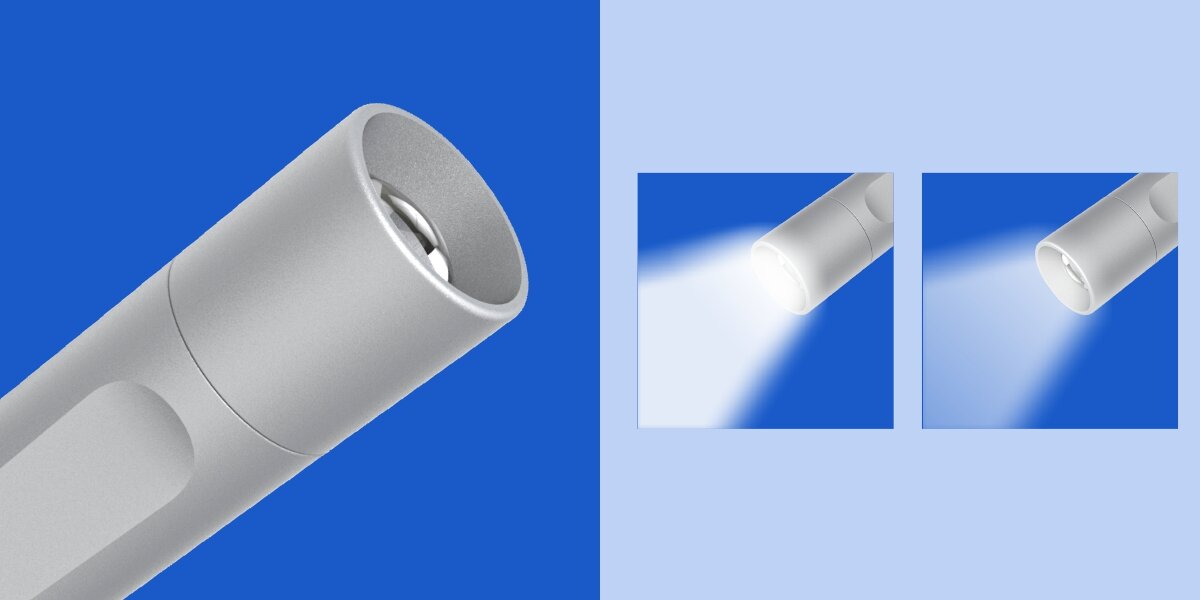 Latarka Hama FL60 Srebrny, tryby, wybór, dostosowanie, funkcjonalność, Latarka LED emitująca szeroką wiązkę światła, dwa tryby świecenia, jasnoniebieskie tło.