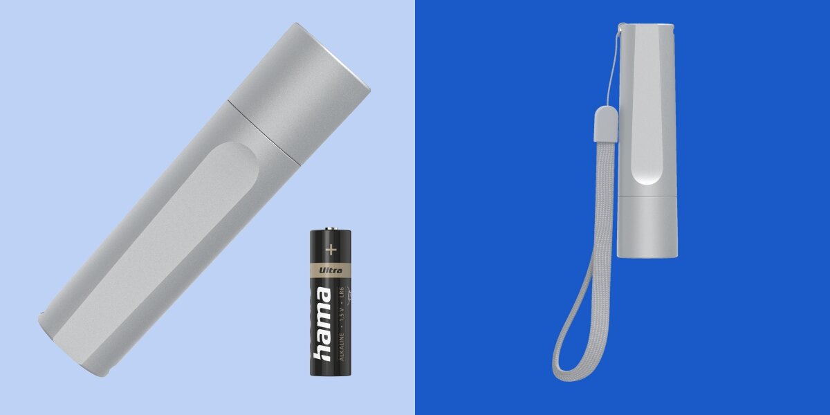 Latarka Hama FL60 Srebrny, wygoda, ergonomia, pasek, użytkowanie, Latarka LED na tle dwóch kolorów, pokazana z baterią i z paskiem na rękę, wizualizacja produktu.